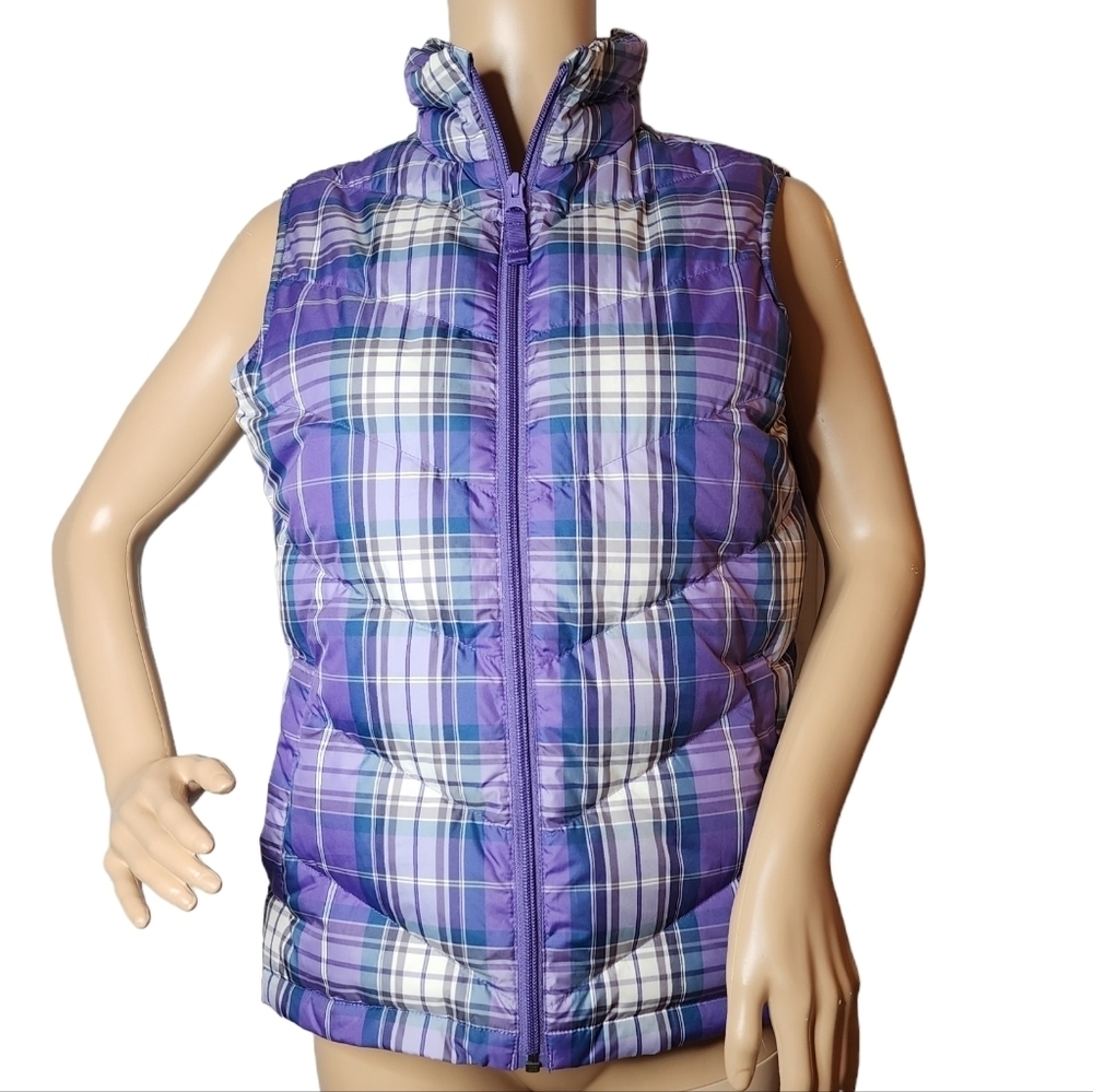 Lands' End down puffer vest,  purple plaid.